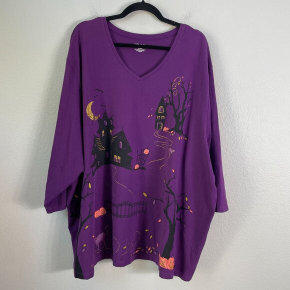 Liz&Me Womens Plus 5X Halloween Purple V Neck Graphic Top 3/4 Sleeve Shirt - Picture 1 of 8